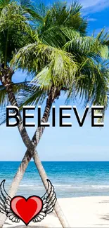 Palm trees by ocean with 'Believe' text and heart symbol on beach.